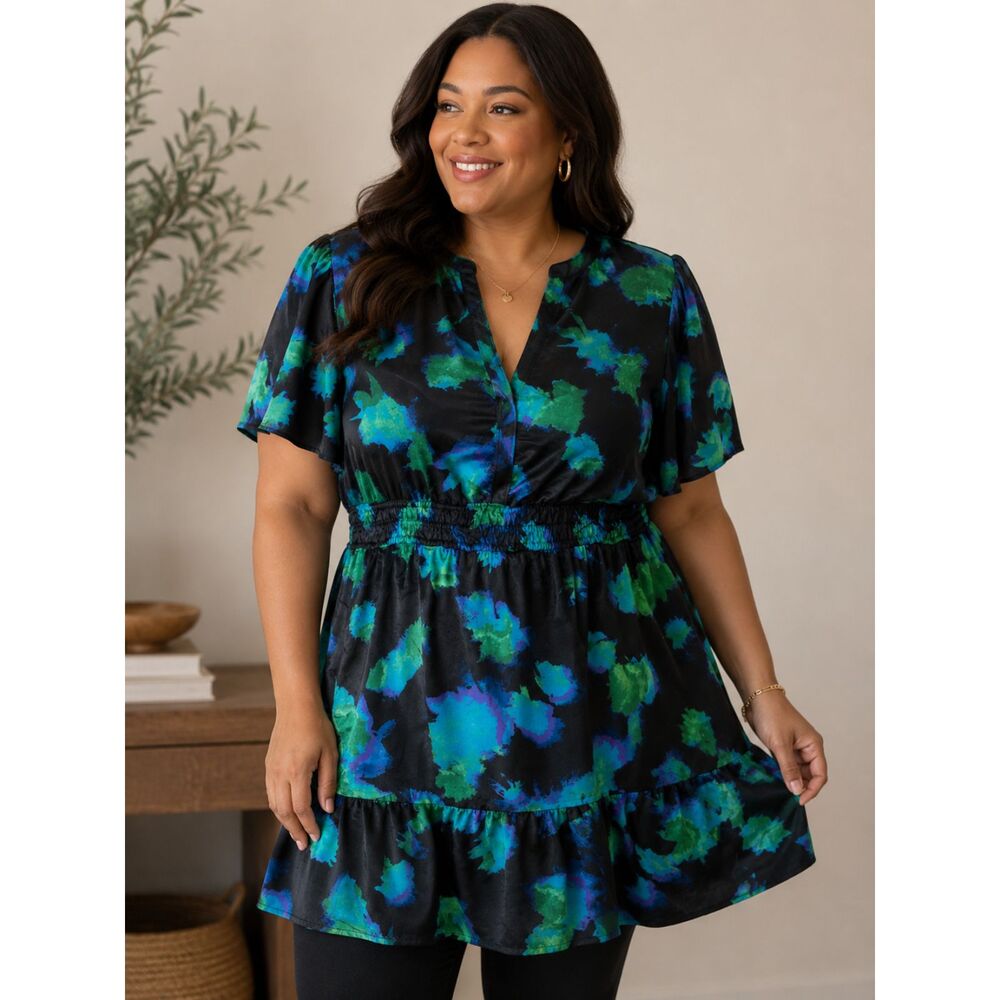 French Connection Floral Tunic Dress Top Black Blue Green XXL NWT